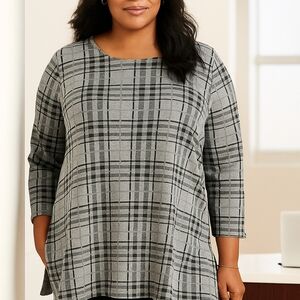 J.Jill 3X Gray Plaid Tunic Top 3/4 Sleeve Stretch Knit Career Casual Plus‎